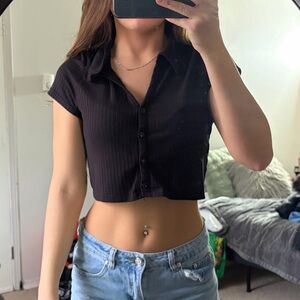 twik Black Ribbed Button-Front Polo Crop Shirt